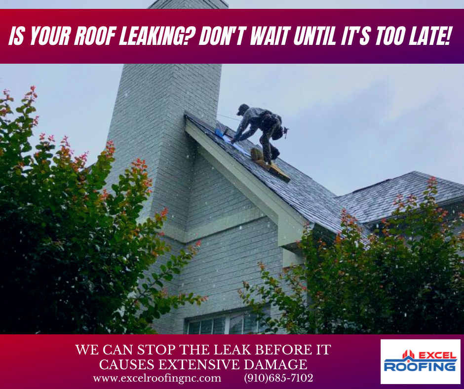 Roof leak repair in progress by Excel Roofing Company on a Wilmington NC home during rainy conditions.
