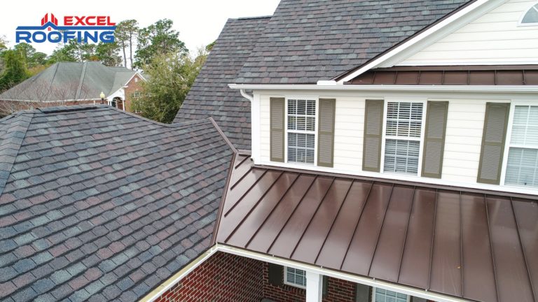 GAF Camelot designer shingle roof with metal accents in Wilmington, NC.