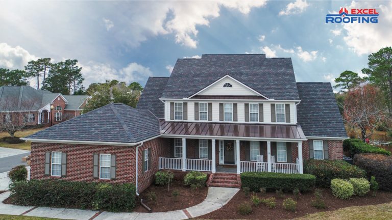 GAF Camelot designer shingle roof with metal accents in Wilmington, NC.