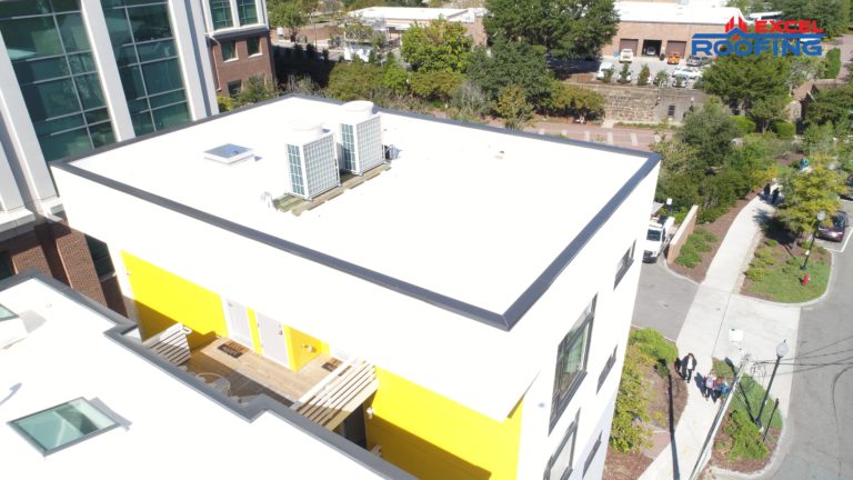 Aerial view of white TPO roof replacement on an office building in Wilmington, NC.