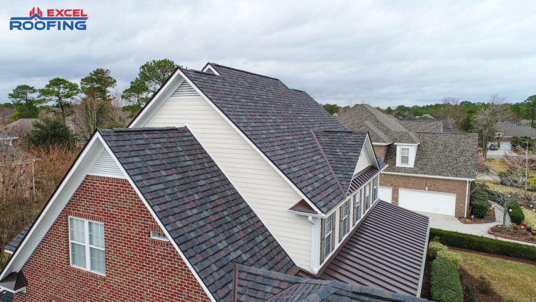 GAF Camelot shingle roof with metal accents on a home in Wilmington, NC.