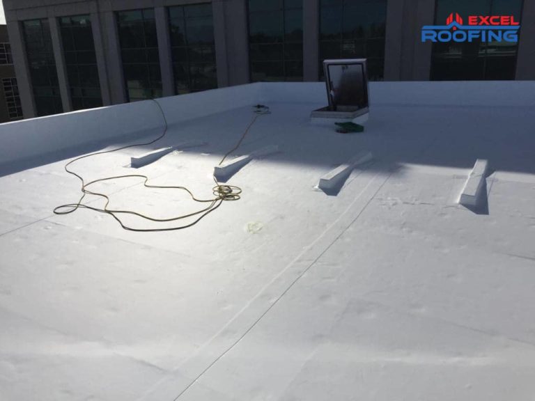 White TPO roofing system on an office building in Wilmington, NC.