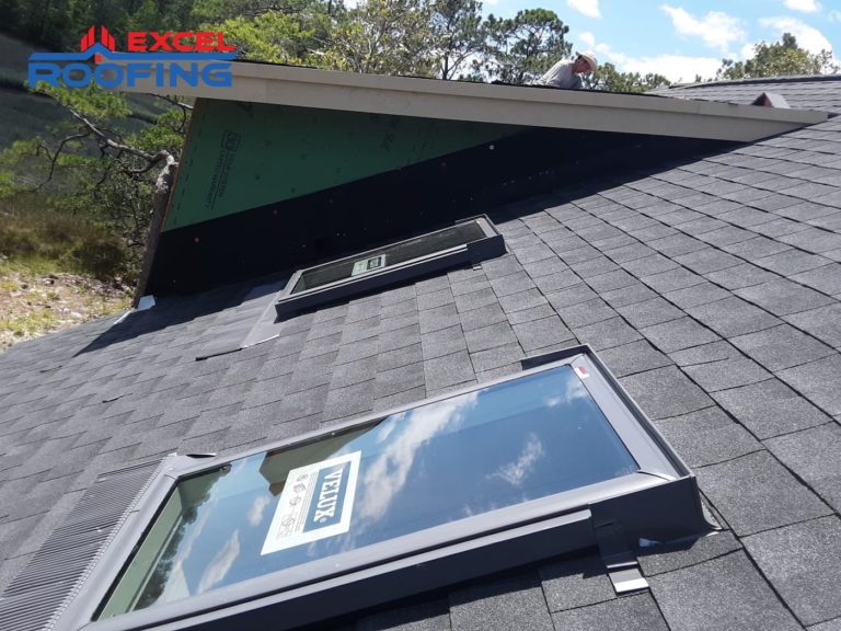 Architectural shingle roof with new Velux skylights in Wilmington, NC.