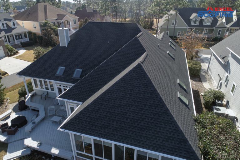 Black architectural shingle roof with seven Velux skylights in Wilmington, NC.