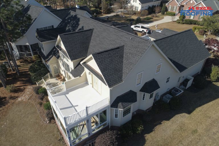 Aerial view of black architectural shingle roof in Wilmington, NC