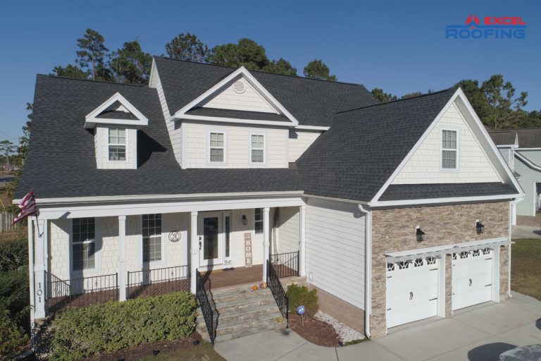 Black architectural shingle roof replacement on a residential home in Wilmington, NC.