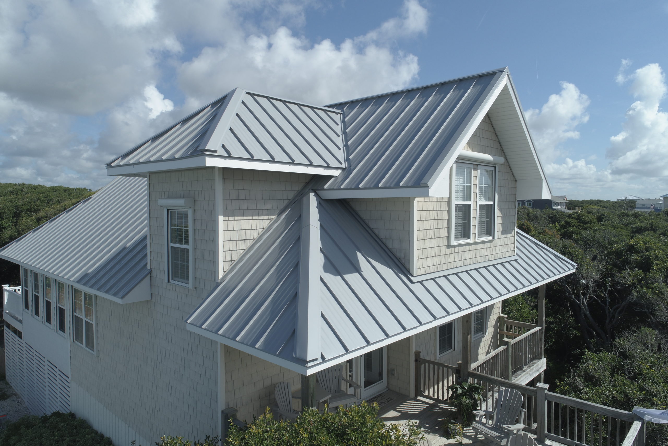 Aluminum metal roof replacement on a coastal property in Topsail Beach, NC.