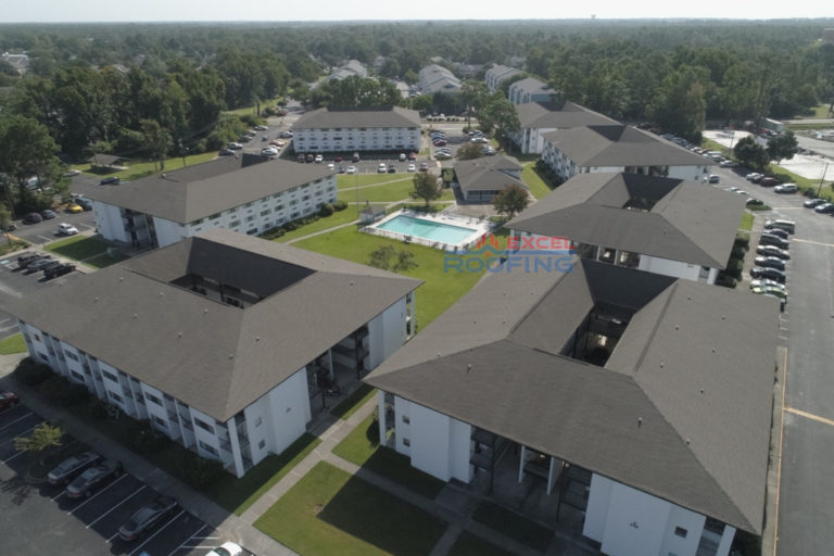 Shingle roofs installed on apartment complex in Wilmington, NC.