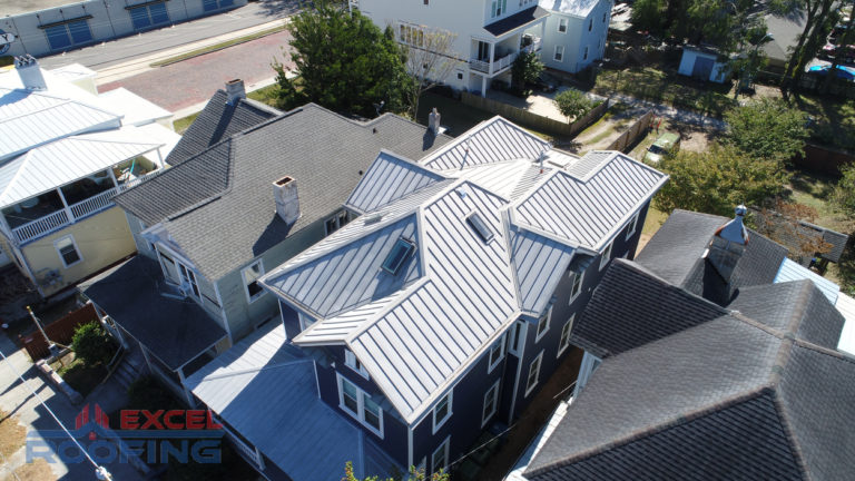 Zinc-coated copper metal roof installed by Excel Roofing Company in downtown Wilmington, NC, featuring durability and an elegant finish.